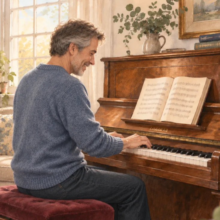 PianoUlf icon showing a smiling mature man playing an upright piano in a warm, sunlit room.