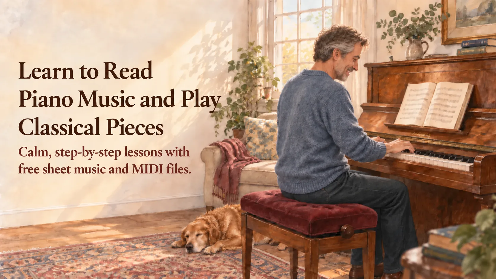 Man playing an upright piano in a warm, sunlit room beside a sleeping dog, with text promoting piano reading, classical pieces, free sheet music, and MIDI files.